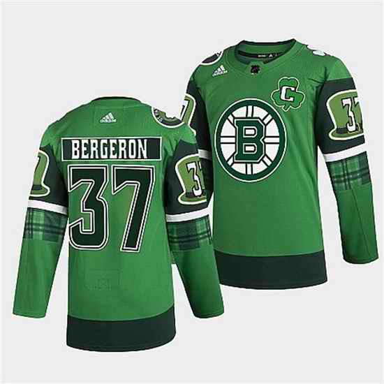 Men Boston Bruins #37 Patrice Bergeron 2022 Green St Patricks Day Warm Up Stitched jersey