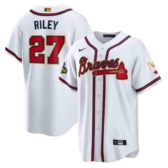 Youth Atlanta Braves #27 Austin Riley 2022 White Gold World Series Champions Program Cool Base Stitched Jersey