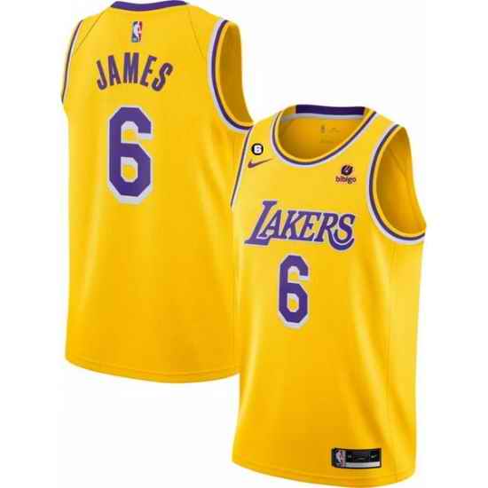 Men Los Angeles Lakers #6 LeBron James Yellow No #6 Patch Stitched Basketball Jersey