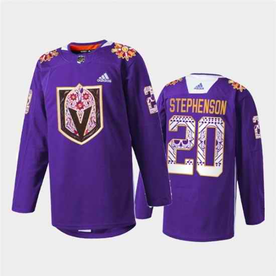 Men Vegas Golden Knights #20 Chandler Stephenson Purple Hispanic Heritage Warmup Stitched Jersey