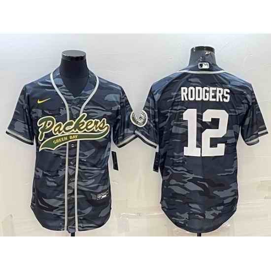 Men Green Bay Packers #12 Aaron Rodgers Grey Camo With Patch Cool Base Stitched Baseball Jersey