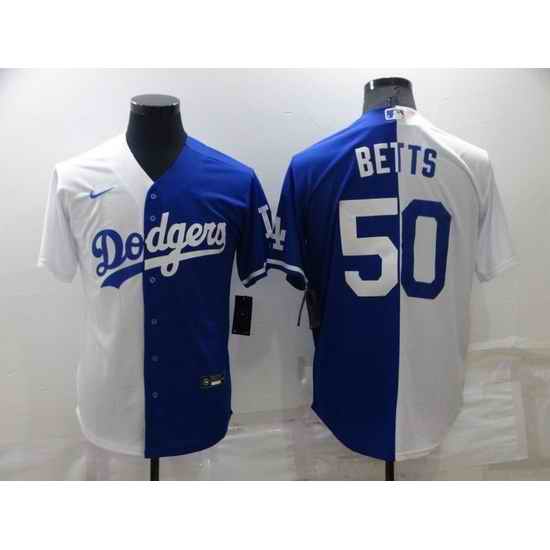 Men Los Angeles Dodgers #50 Mookie Betts White Blue Split Cool Base Stitched Baseball Jersey