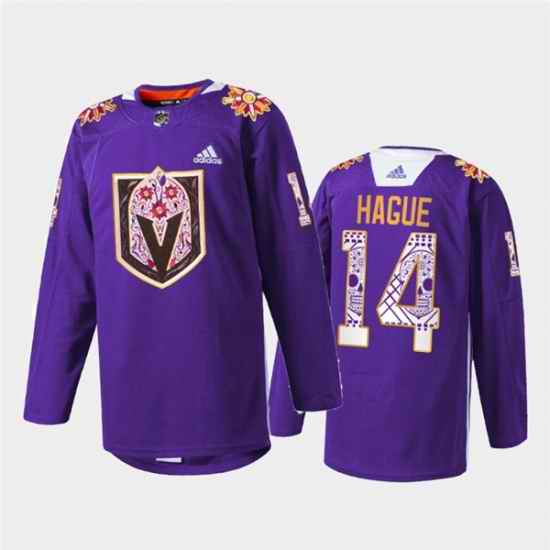 Men Vegas Golden Knights #14 Nicolas Hague Purple Hispanic Heritage Warmup Stitched Jersey