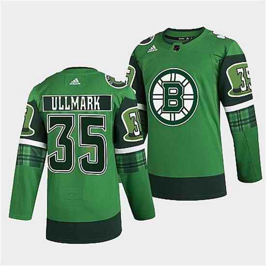 Men Boston Bruins #35 Linus Ullmark 2022 Green St Patricks Day Warm Up Stitched jersey