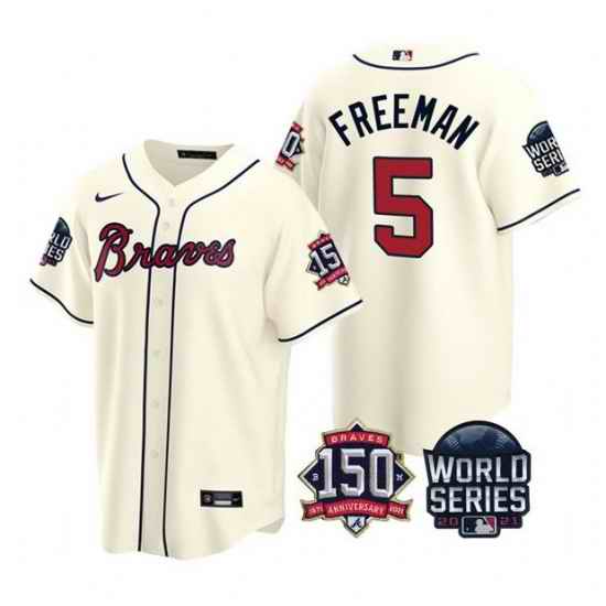 Men Atlanta Braves #5 Freddie Freeman 2021 Cream World Series With 150th Anniversary Patch Cool Base Stitched Jersey