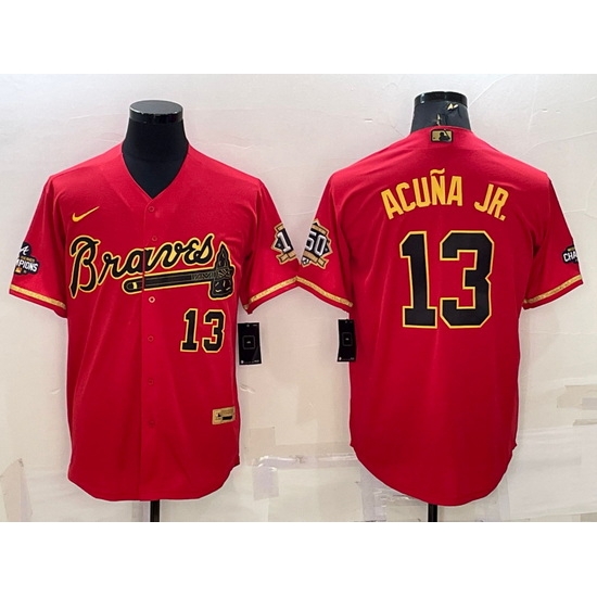 Men Atlanta Braves #13 Ronald Acuna Jr  Red Gold Cool Base Stitched Baseball Jersey