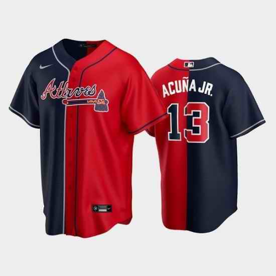 Men Atlanta Braves #13 Ronald Acuna Jr  Navy Red Split Cool Base Stitched Baseball Jersey