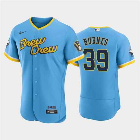 Men Milwaukee Brewers #39 Corbin Burnes Powder Blue 2022 City Connect Flex Base Stitched MLB Jersey
