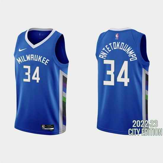 Men Milwaukee Bucks 34 Giannis Antetokounmpo 2022 #23 Blue City Edition Stitched Basketball Jersey