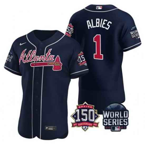 Men Atlanta Braves #1 Ozzie Albies 2021 Navy World Series With 150th Anniversary Patch Stitched Baseball Jersey