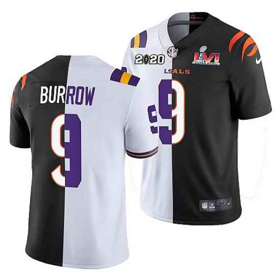 Men Cincinnati Bengals X LSU Tigers #9 Joe Burrow 2022 White Black Split Super Bowl LVI Stitched Jerse