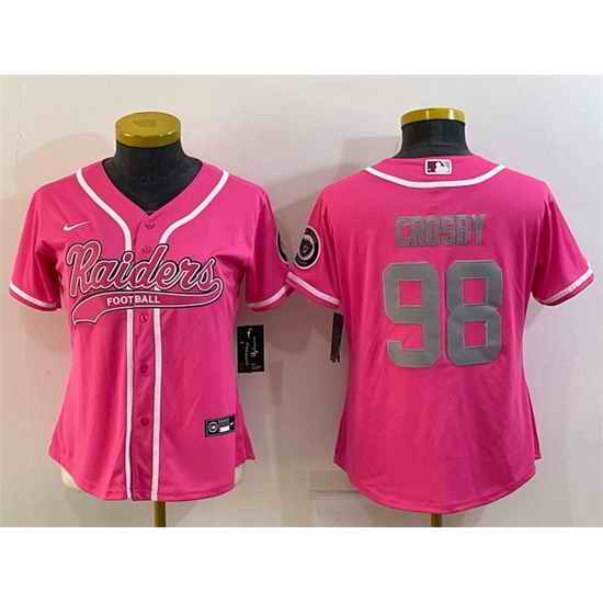 Women Las Vegas Raiders #98 Maxx Crosby Pink Silver With Patch Cool Base Stitched