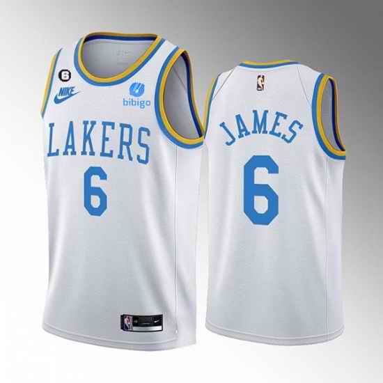 Men Los Angeles Lakers #6 LeBron James 2022 23 White Classic Edition No #6 Patch Stitched Basketball Jersey