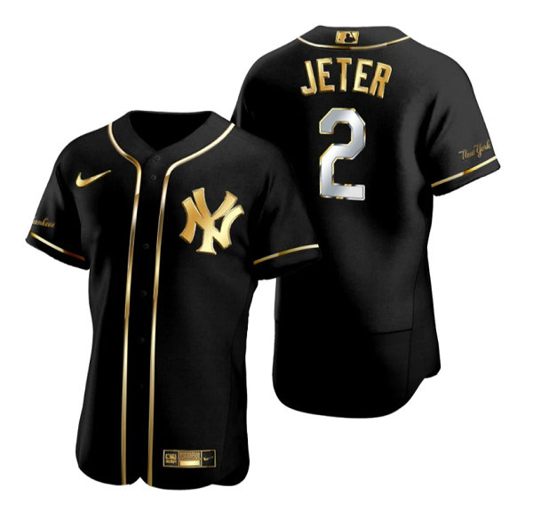 Men's New York Yankees #2 Derek Jeter Black/Gold Flex Base Stitched Baseball Jersey