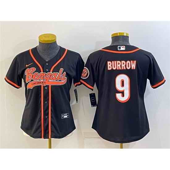 Women Cincinnati Bengals #9 Joe Burrow Black With Patch Cool Base Stitched Baseball Jersey
