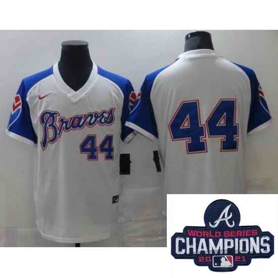 Men Nike Atlanta Braves #44 Hank Aaron Authentic White Cool Base MLB Stitched MLB 2021 Champions Patch Jersey
