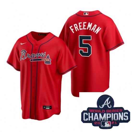 Men Nike Atlanta Braves #5 Freddie Freeman Red Alternate Stitched Baseball Stitched MLB 2021 Champions Patch Jersey