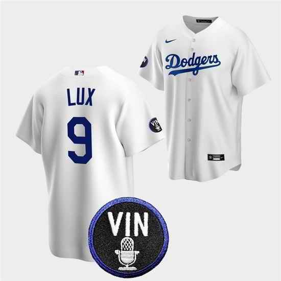 Men Los Angeles Dodgers #9 Gavin Lux 2022 White Vin Scully Patch Cool Base Stitched Baseball Jersey