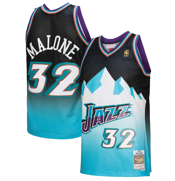 Men's Utah Jazz #32 Karl Malone 1996/97 Black/Light Blue Throwback Stitched Jersey