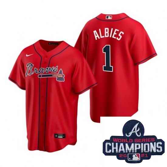 Men Nike Atlanta Braves #1 Ozzie Albies Red Alternate Stitched Baseball Stitched MLB 2021 Champions Patch Jersey