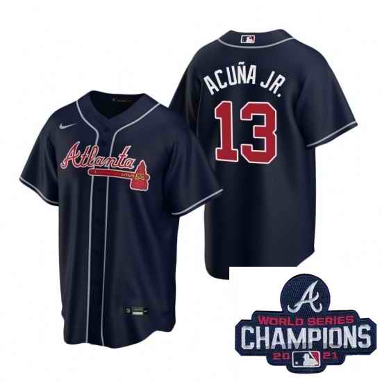 Men Nike Atlanta Braves #13 Ronald Acuna Jr Navy Alternate Stitched Baseball Stitched MLB 2021 Champions Patch Jersey