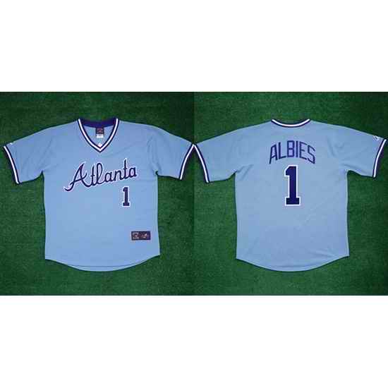 Men Atlanta Braves #1 Ozzie Albies 1982 Light Blue Cool Base Stitched Baseball Jersey