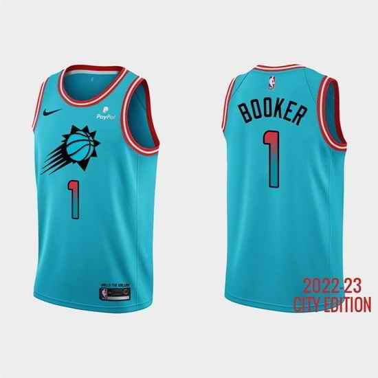 Men Phoenix Suns #1 Devin Booker 2022 23 Blue City Edition Stitched Basketball Jersey