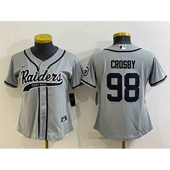 Women Las Vegas Raiders #98 Maxx Crosby Grey With Patch Cool Base Stitched Baseball Jersey