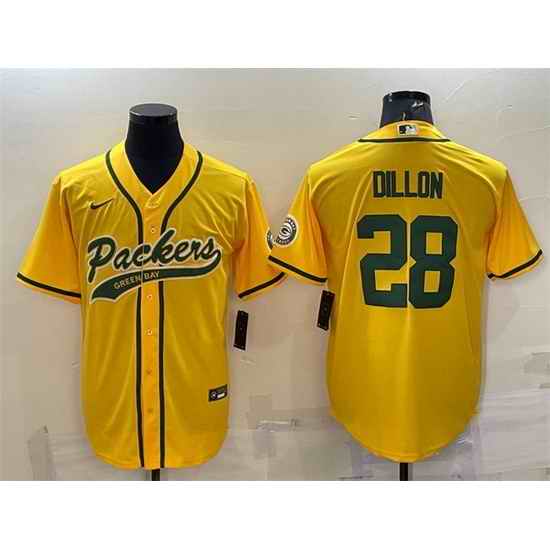 Men Green Bay Packers #28 A J Dillon Gold With Patch Cool Base Stitched Baseball Jersey