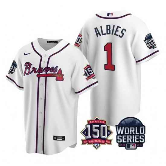 Men Atlanta Braves #1 Ozzie Albies 2021 White World Series With 150th Anniversary Patch Cool Base Stitched Jersey