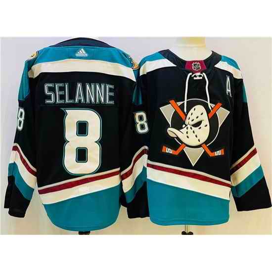 Men Anaheim Ducks #8 Teemu Selanne Black Teal Stitched Jersey