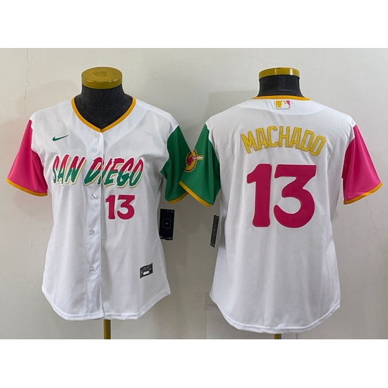 Women San Diego Padres #13 Manny Machado 2022 White City Connect Cool Base Stitched Baseball Jersey