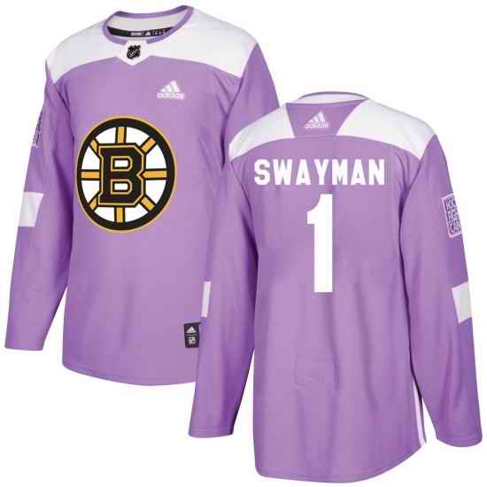 Men Boston Bruins #1 Jeremy Swayman Adidas Authentic Fights Cancer Practice Jersey   Purple
