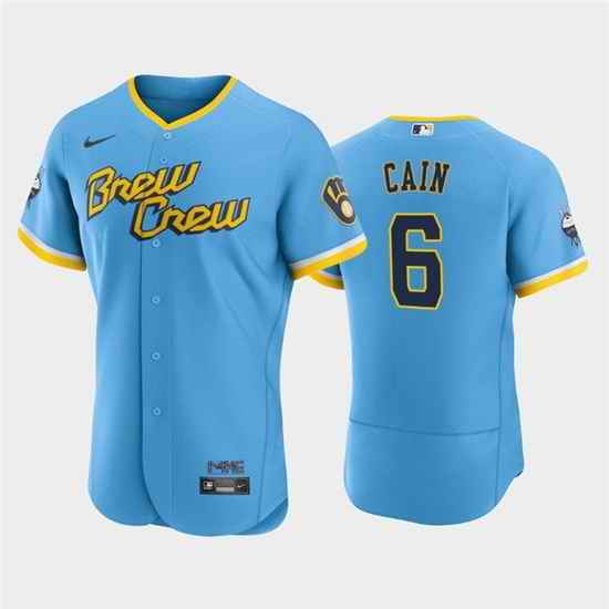 Men Milwaukee Brewers #6 Lorenzo Cain Powder Blue 2022 City Connect Flex Base Stitched MLB Jersey