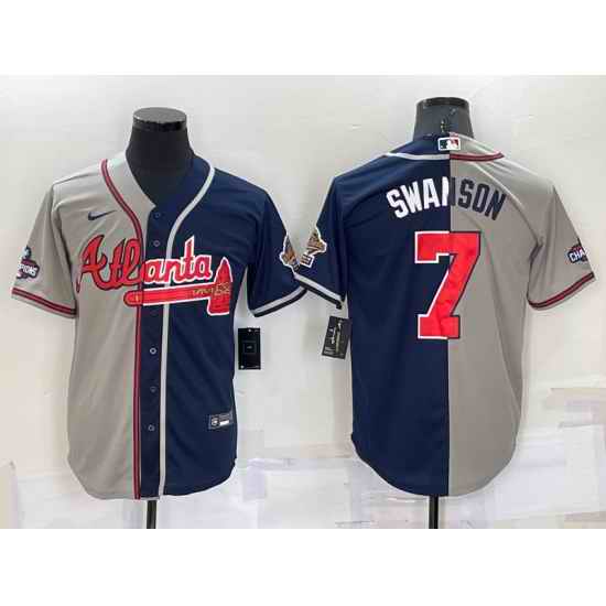 Men Atlanta Braves #7 Dansby Swanson Gray Navy Two Tone Split Cool Base Stitched Baseball Jersey