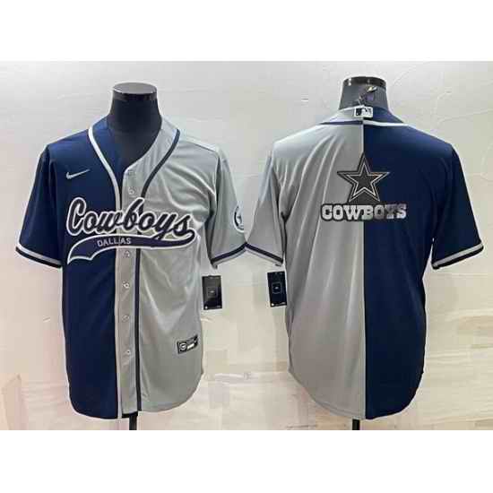Men Dallas Cowboys Navy Grey Split Team Big Logo With Patch Cool Base Stitched Baseball Jersey