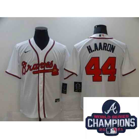 Men Nike Atlanta Braves #44 Hank Aaron White Stitched MLB 2021 Champions Patch Jersey