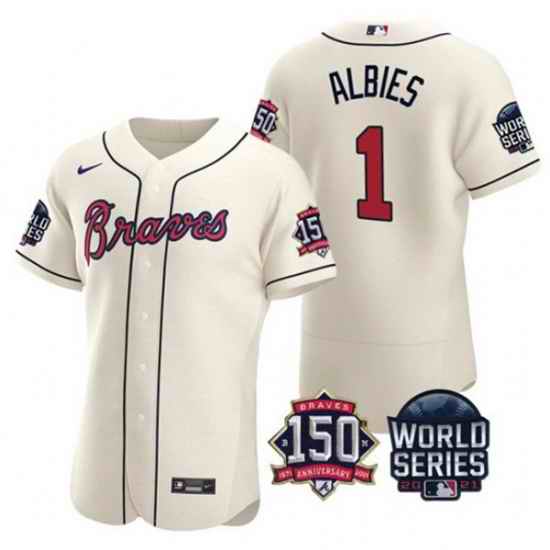 Men Atlanta Braves #1 Ozzie Albies 2021 Cream World Series With 150th Anniversary Patch Stitched Baseball Jersey