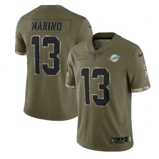 Men Miami Dolphins #13 Dan Marino Olive 2022 Salute To Service Limited Stitched Jersey