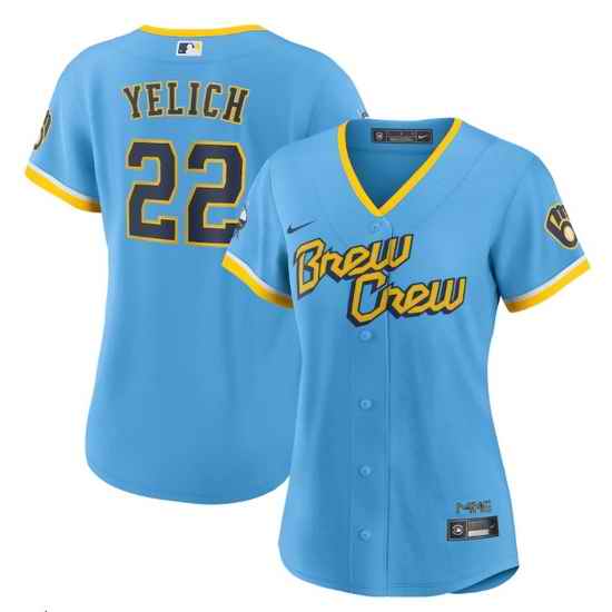Women Milwaukee Brewers #22 Christian Yelich 2022 Powder Blue City Connect Cool Base Stitched Jersey 28Run Small 29