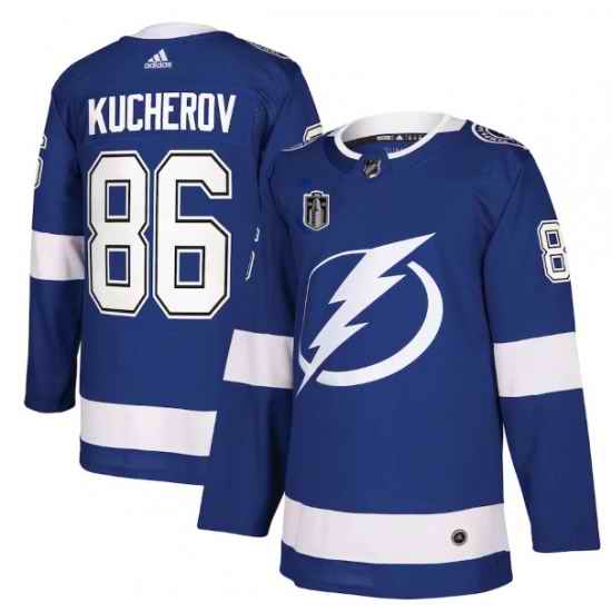 Men Tampa Bay Lightning #86 Nikita Kucherov 2022 Blue Stanley Cup Final Patch Stitched Jersey