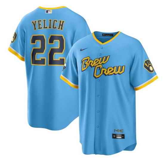 Men Milwaukee Brewers #22 Christian Yelich 2022 Powder Blue City Connect Cool Base Stitched Jersey