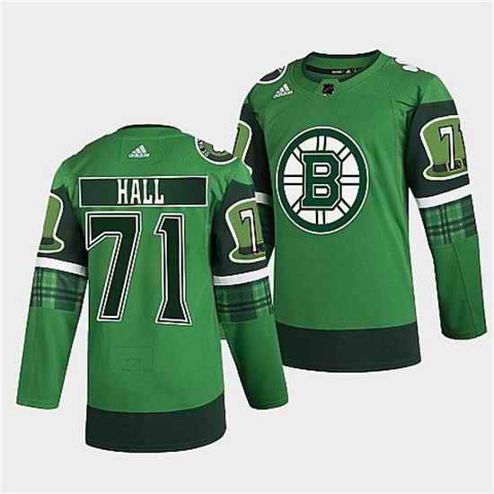 Men Boston Bruins #71 Taylor Hall 2022 Green St Patricks Day Warm Up Stitched jersey