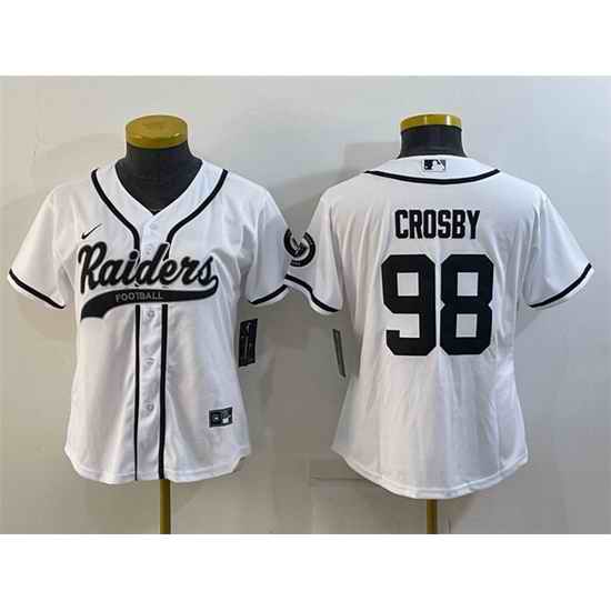 Women Las Vegas Raiders #98 Maxx Crosby White With Patch Cool Base Stitched Baseball Jersey
