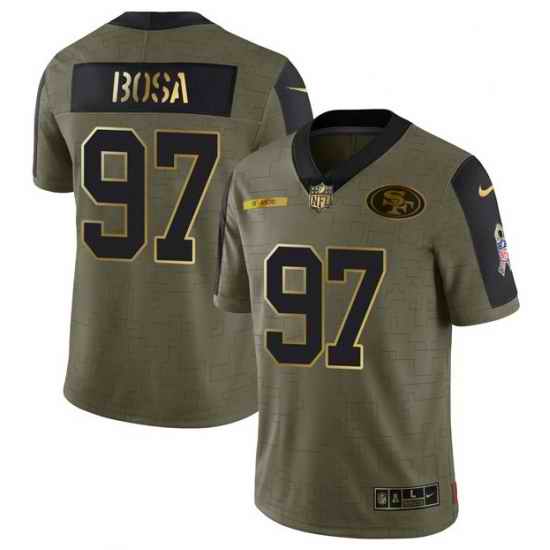 Men San Francisco 49ers #97 Nick Bosa 2021 Olive Camo Salute To Service Golden Limited Stitched Jersey