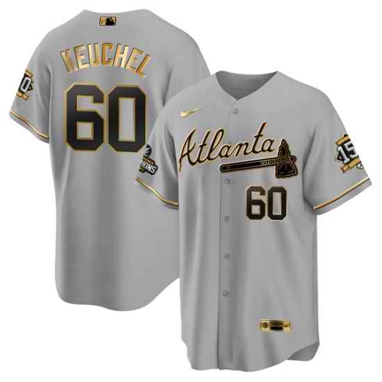 Men Atlanta Braves #60 Dallas Keuchel 2021 Grey Gold World Series Champions With 150th Anniversary Patch Cool Base Stitched Jersey