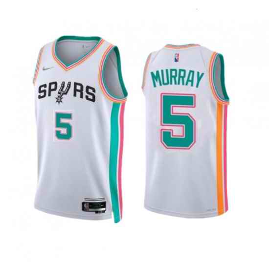 Men San Antonio Spurs #5 Dejounte Murray 2021 22 White City Edition Stitched Jersey