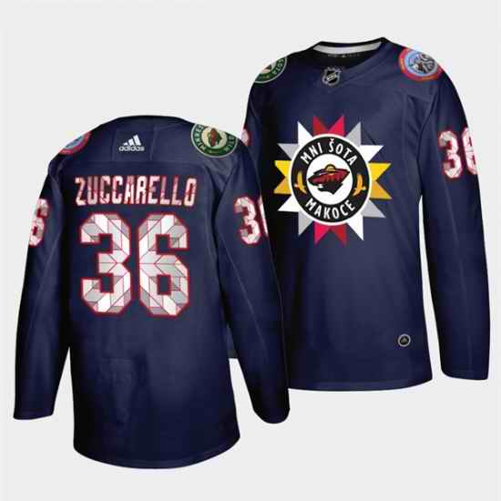 Men Minnesota Wild 36 Mats Zuccarello 2021 #22 Navy Native American Heritage Day Stitched Jersey