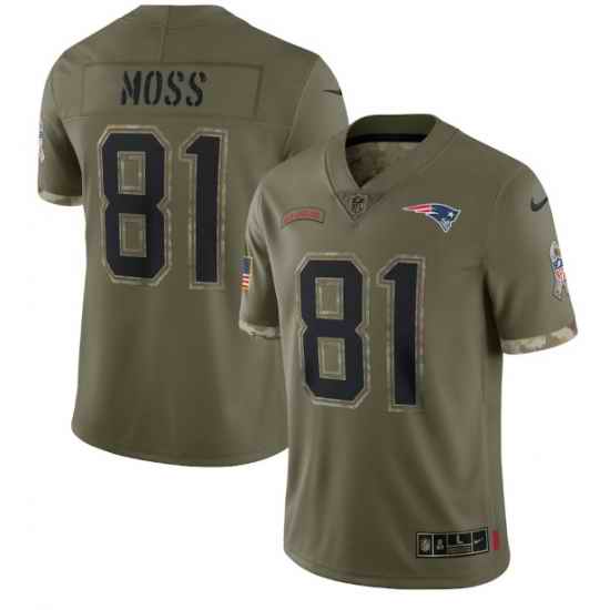 Men New England Patriots #81 Randy Moss Olive 2022 Salute To Service Limited Stitched Jersey