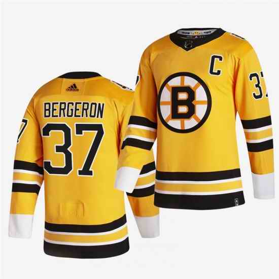 Men Boston Bruins 37 Patrice Bergeron 2020 #21 Yellow Reverse Retro Stitched Jersey